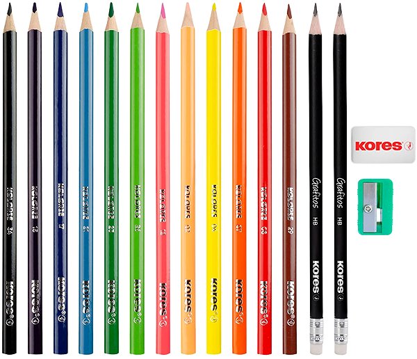 Coloured Pencils KORES KOLORES SET 12 colours + 2x Grafitos pencil + pencil sharpener + rubber ...