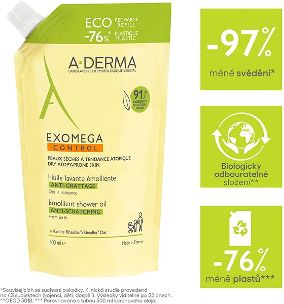 Sprchový olej A-DERMA Exomega Control Zvláčňujúci sprchový olej – Recyklovateľná ECO náhradná náplň 500 ml ...