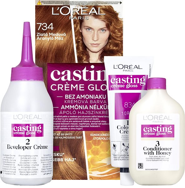 Hair Dye ĽORÉAL PARIS Casting Creme Gloss Semi-Permanent Hair Dye 734, Rich Honey Brown, 180ml Package content