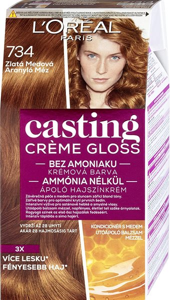 Farba na vlasy ĽORÉAL PARIS Casting Creme Gloss krémová semi-permanentná farba 734 Zlatá medová 180 ml Bočný pohľad