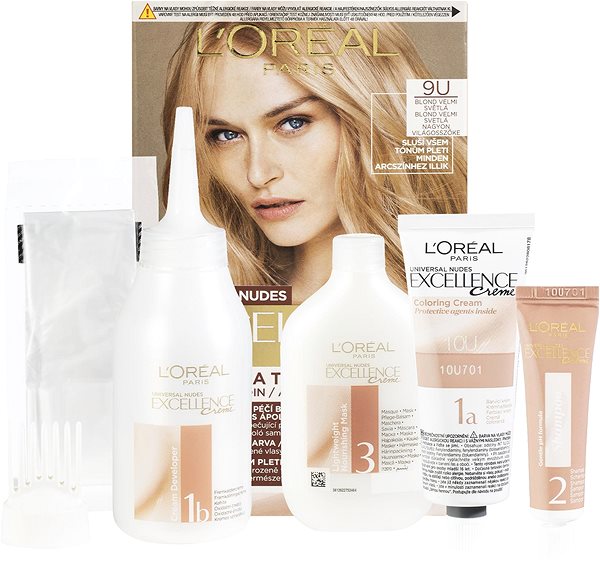 Hajfesték L'Oréal Paris Excellence Nudes 9U Nagyon világos szőke Csomag tartalma