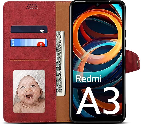 Mobiltelefon tok Lenuo Leather Xiaomi Redmi A3 piros bőr flip tok ...