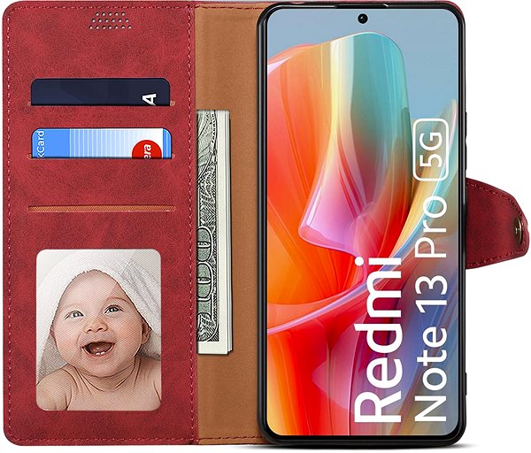 Mobiltelefon tok Lenuo Xiaomi Redmi Note 13 Pro 5G piros bőr flip tok ...