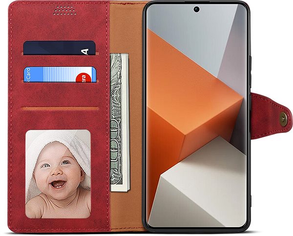 Mobiltelefon tok Lenuo Xiaomi Redmi Note 13 Pro+ 5G piros bőr flip tok ...