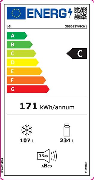 Hűtőszekrény LG GBB61SWGCN1 Energia címke