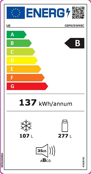 Hűtőszekrény LG GBP62SWNBC Energia címke
