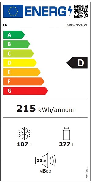 Hűtőszekrény LG GBB62PZFGN Energia címke