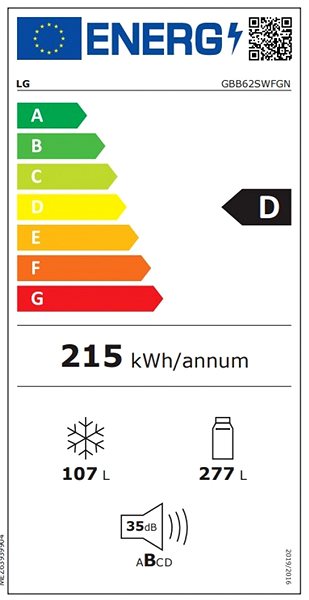 Hűtőszekrény LG GBB62SWFGN Energia címke