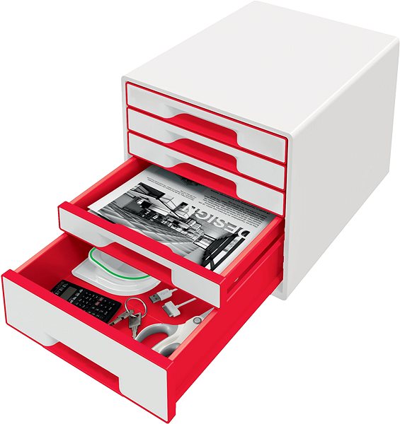 Zásuvkový box LEITZ WOW CUBE, 5 zásuviek, bielo-červený ...