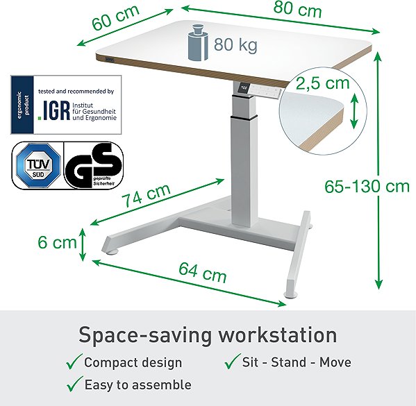 Height Adjustable Desk LEITZ Ergo electric 80 x 60 cm, white ...