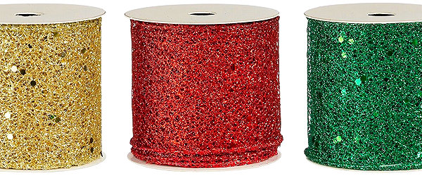 Ribbon LAALU Set of 3 ribbons: ribbons with glitters gold, red, green 6,5 cm x 270 cm .