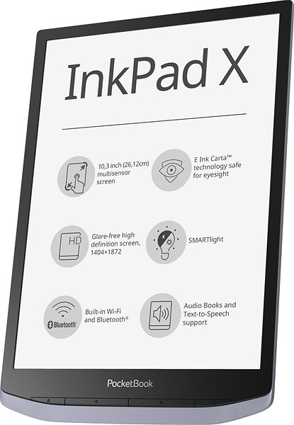eBook-Reader PocketBook 1040 InkPad X metallicgrau Seitlicher Anblick