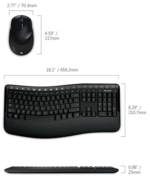 Set klávesnice a myši Microsoft Wireless Comfort Desktop 5050 CZ/SK Technický nákres