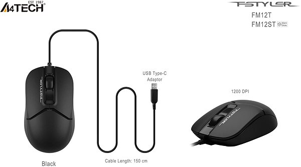 Myš A4tech FSTYLER, USB-C + USB-A, čierna ...