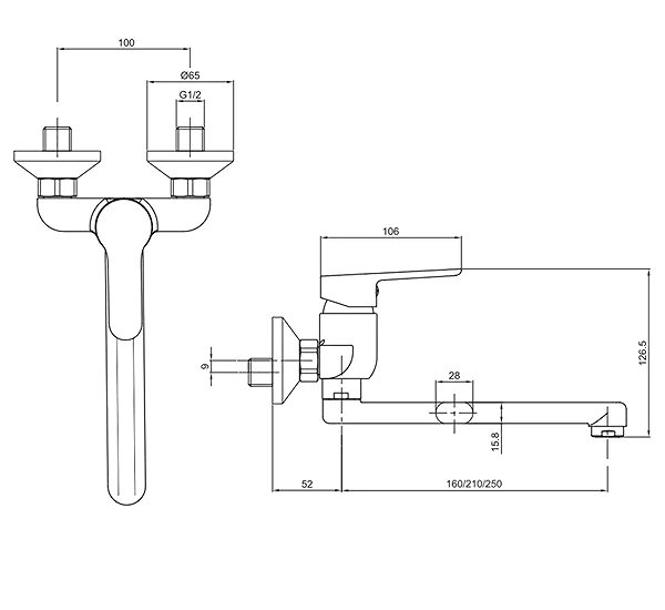 Tap Mereo Wall-mounted sink mixer, Zuna, 150 mm, with flat arm 250 mm, chrome ...
