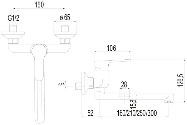 Tap Mereo Wall-mounted sink mixer, Zuna, 150 mm, with 160 mm flat arm, chrome ...
