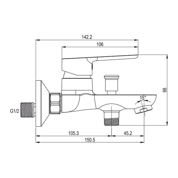 Tap Mereo Wall-mounted bath mixer, Zuna, 150 mm, without accessories, chrome Technical draft