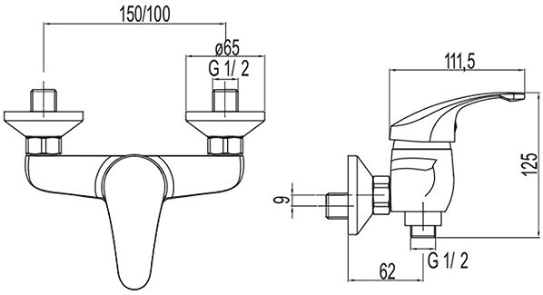 Tap Mereo Wall-mounted shower mixer, Sonata, 150 mm, without accessories, chrome Technical draft