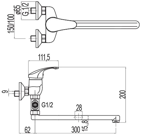 Tap Mereo Wall-mounted mixer tap for interior, Sonata, 100 mm, with flat handle 300 mm, without accessor ...