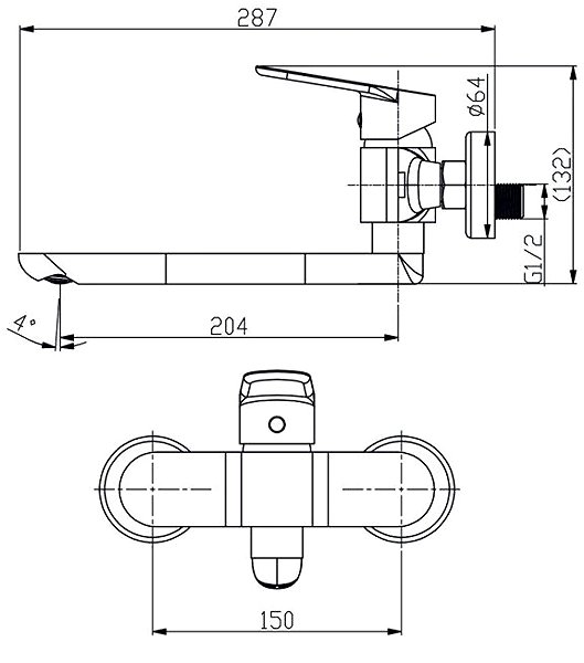Tap Mereo Wall-mounted sink mixer, Viana, 150 mm, with 200 mm flat arm, chrome ...