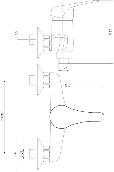 Tap Mereo Shower wall mixer, Viana, without accessories, 150 mm, chrome Technical draft