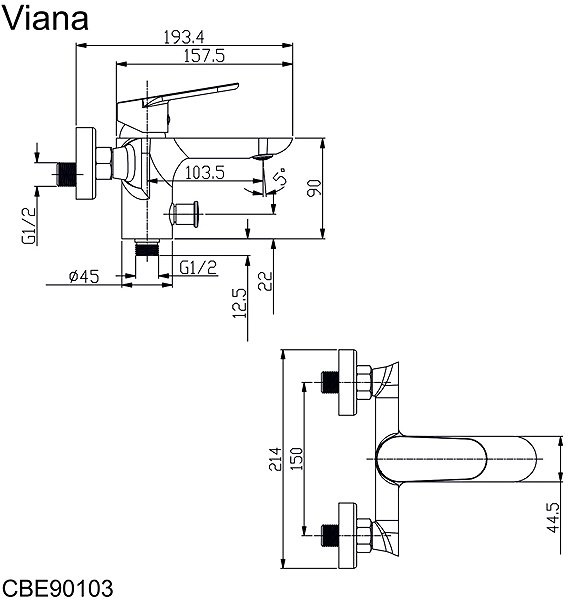 Tap Mereo Wall-mounted bath mixer, Viana, without accessories, 150 mm, chrome Technical draft