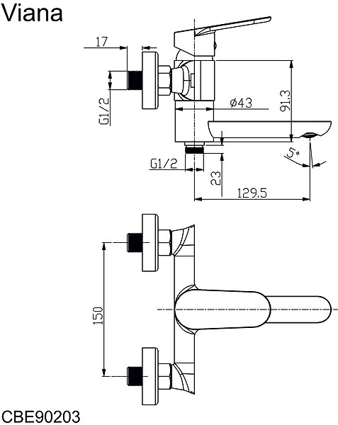 Tap Mereo Wall-mounted bath mixer with folding arm, Viana, without accessories, 150 mm, chrome Technical draft