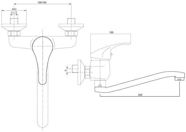 Tap Mereo Wall-mounted sink mixer, Lila, 150 mm, with flat arm 210 mm, chrome ...