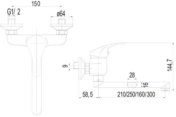 Tap Mereo Wall-mounted sink mixer, Lila, 150 mm, with 160 mm flat arm, chrome ...