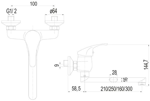 Tap Mereo Wall-mounted sink mixer, Lila, 100 mm, with 160 mm flat arm, chrome ...