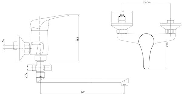 Tap Mereo Wall mixer for interior, Lila, 100 mm, with flat handle 300 mm, without accessories ...