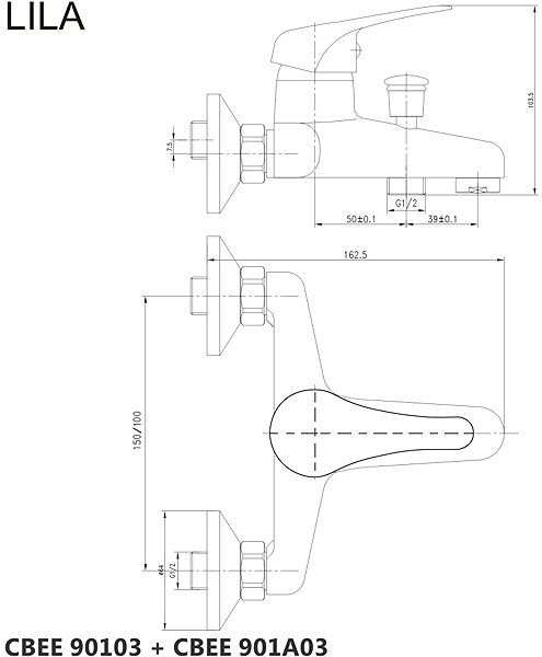Tap Mereo Wall-mounted bath mixer, Lila, 100 mm, without accessories, chrome Technical draft