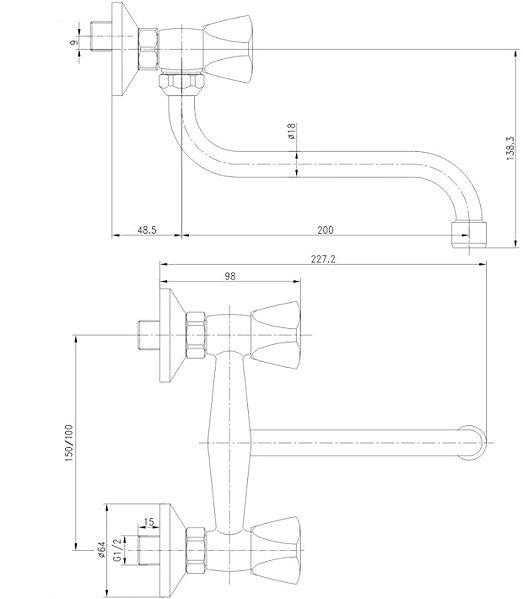 Tap Mereo Wall-mounted sink mixer, Kasia, 150 mm, with 18 mm pipe arm - 200 mm, chrome ...