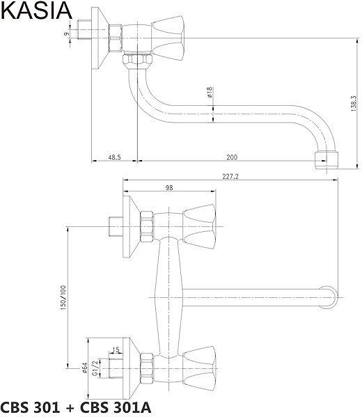 Tap Mereo Wall-mounted sink mixer, Kasia, 100 mm, with 18 mm pipe arm - 200 mm, chrome Technical draft