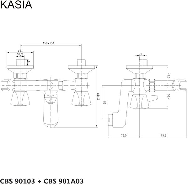 Tap Mereo Wall-mounted bath mixer, Kasia, 100 mm, without accessories, chrome Technical draft
