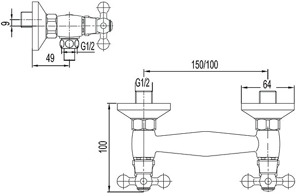 Tap Mereo Shower wall mixer, Retro Victoria, 150 mm, without accessories, chrome Technical draft