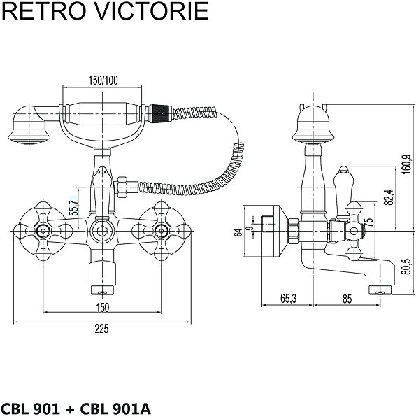 Tap Mereo Wall-mounted bath mixer, Retro Victoria, 150 mm, with accessories, chrome Technical draft
