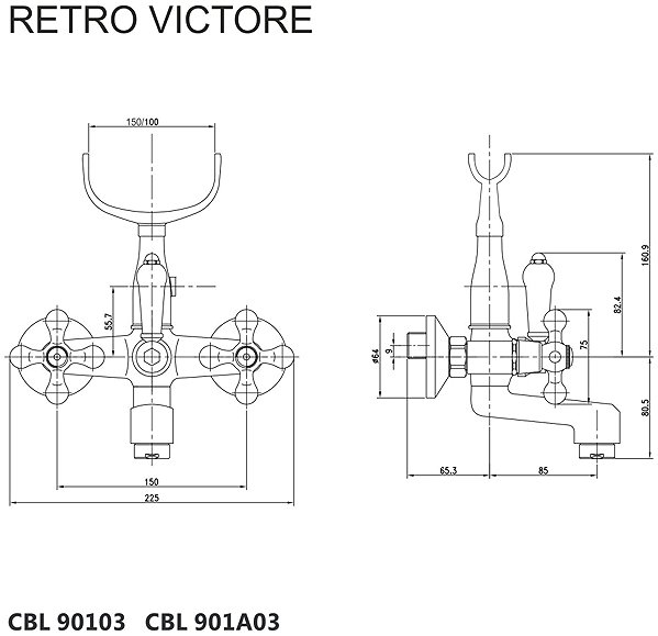 Tap Mereo Wall-mounted bath mixer, Retro Victoria, 150 mm, without accessories, chrome Technical draft