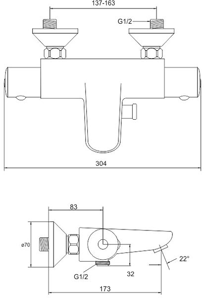 Vodovodná batéria Mereo Vaňový set s termostatickou batériou Technický nákres