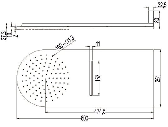 Vodovodná batéria Mereo Sprchová súprava s termostatickou podomietkovou tlačidlovou batériou – 3-cestná – oválny kryt Technický nákres