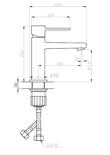 Tap INVENA GLAMOUR, Wash basin mixer, copper ( BU-02-014-V ) Technical draft