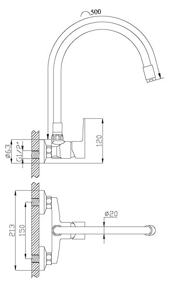 Tap INVENA Wall-mounted mixer VERSO black flexible, black (BC-82-E44-L) Technical draft