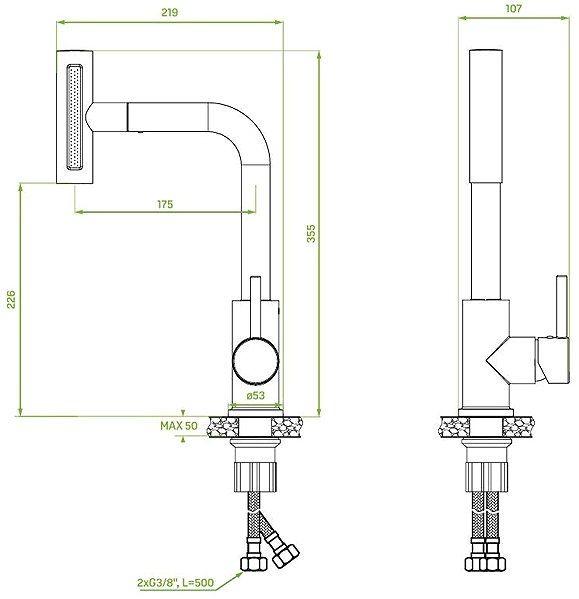 Tap Laveo Rotaro freestanding sink mixer with pull-out multifunction spout, black (BLR_769D) Technical draft