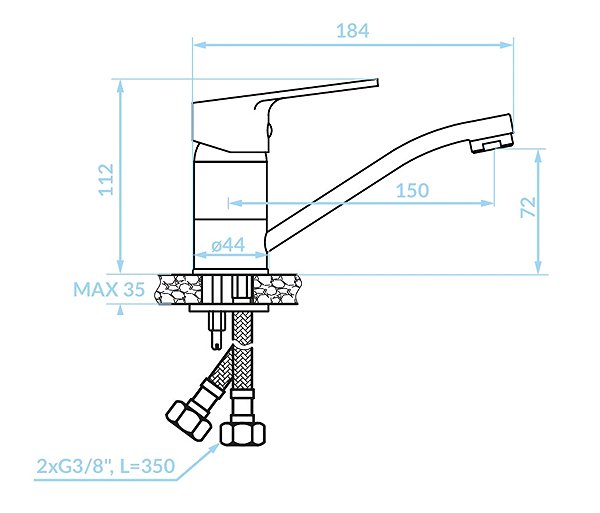 Tap Kuchinox BORGO basin mixer with swivel arm (BKB_026D) Technical draft
