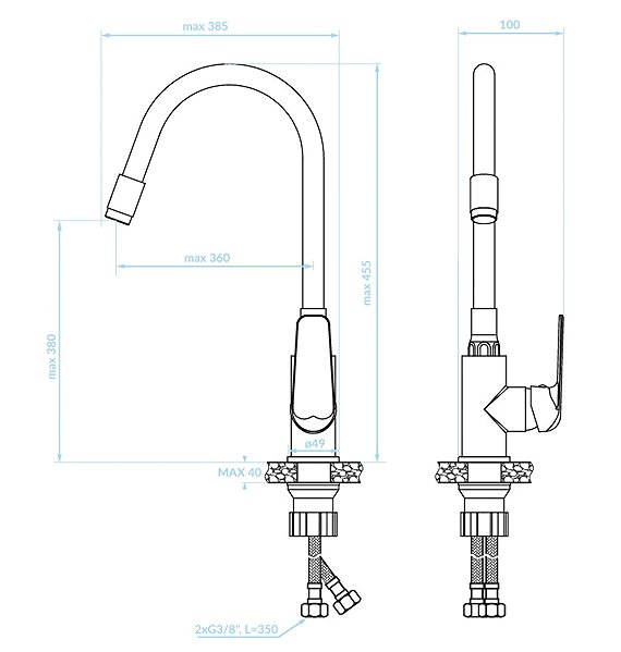 Tap Kuchinox ELZA floorstanding sink mixer with flexible arm (BKE_761D) Technical draft