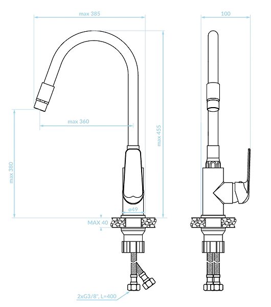 Tap Kuchinox ELZA basin mixer with flexible arm and 2-function spout (BKE_762D) Technical draft