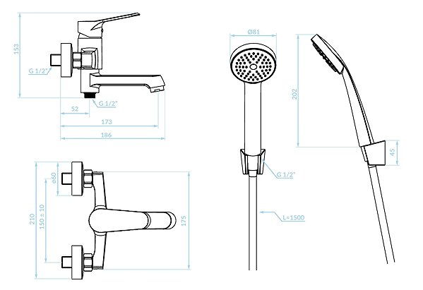 Tap Kuchinox ATEZ wall-mounted bath mixer with accessories, black (BTK_711D) ...
