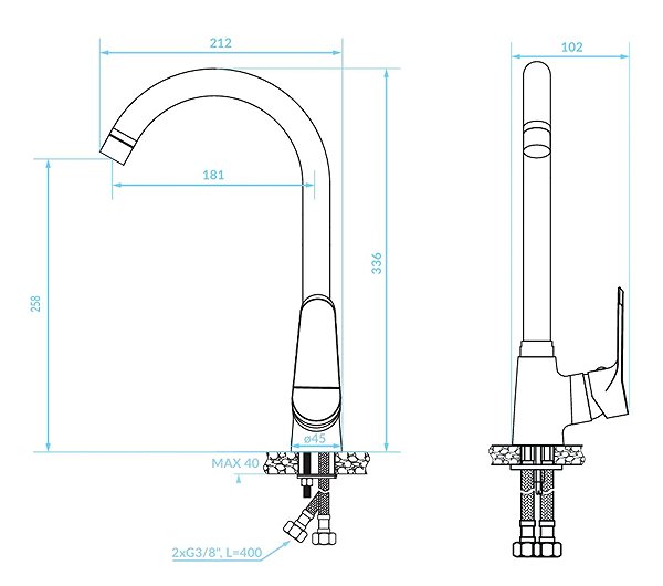Tap Kuchinox ATEZ U-hand basin mixer, black (BTK_768D) Technical draft