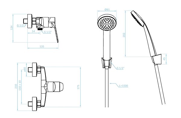 Tap Kuchinox ATEZ wall mounted shower mixer with accessories, black (BTK_741D) ...
