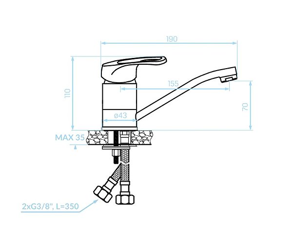 Tap Kuchinox GRACE basin mixer with swivel arm (BKY_026D) Technical draft